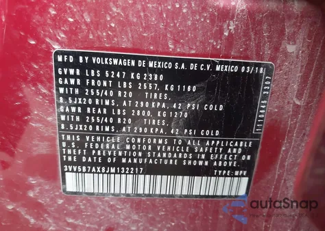 2018 Volkswagen Tiguan 2.0T Sel Premium из США, поврежденный, VIN 3VV5B7AX8JM132217